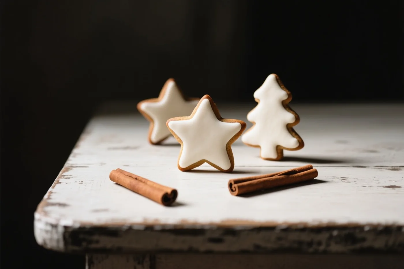 Drie gemberkoekjes in ster- en boomvorm liggen naast kaneelstokjes op een verweerde witte houten tafel, tegen een donkere achtergrond.
