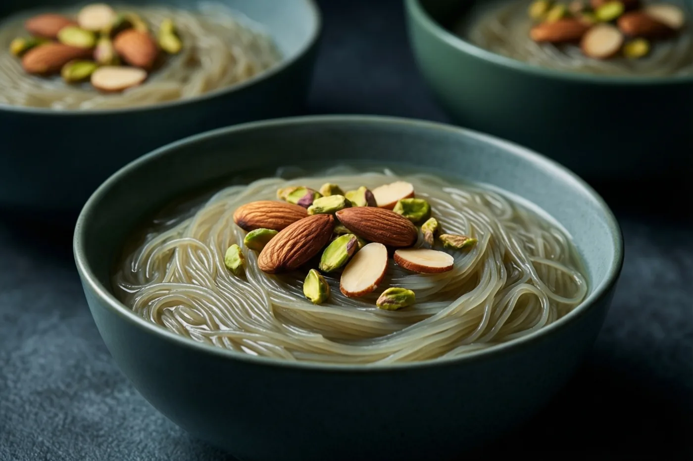 Drie kommen met doorschijnende zoete vermicellipudding, hele en geschaafde amandelen en pistachenoten staan op een donkere ondergrond met structuur in zacht licht.