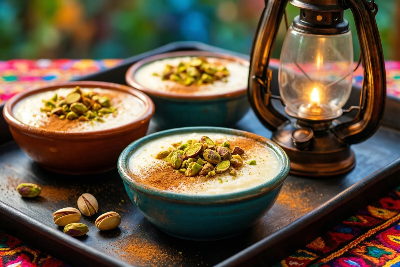 Drie kleine kommen rijstpap met pistachenoten en kaneel staan op een dienblad naast een brandende maansikkellantaarn op een kleurrijke doek met patronen.