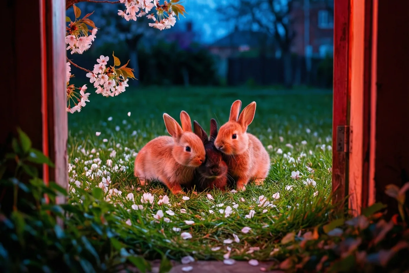 Drie jonge konijntjes zitten dicht tegen elkaar in groen gras met witte bloesemblaadjes, omlijst door een rode houten deuropening in blauwe en roze schemertinten.
