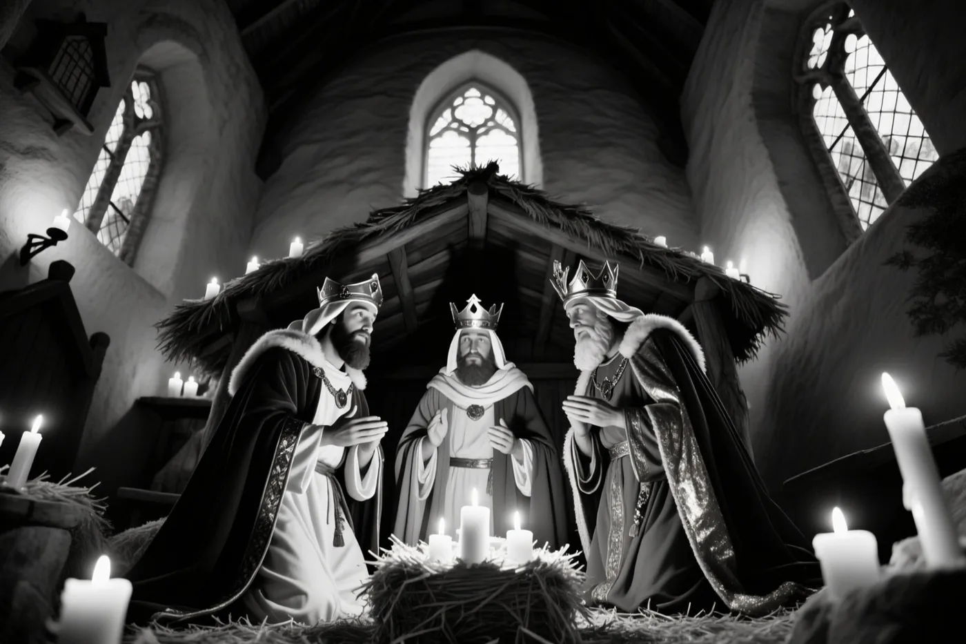 Een monochroom beeld toont drie koningen in koninklijke gewaden die voor een kribbe knielen in een kerk met brandende kaarsen en gotische ramen.