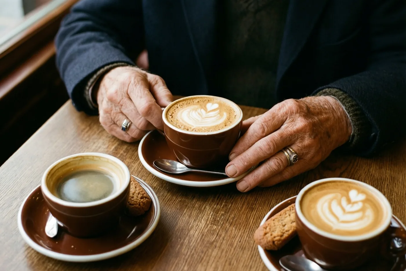 Doorleefde handen met trouwringen houden een kop koffie met een melkschuimfiguur vast boven een houten cafétafel met nog twee kopjes koffie met melkschuimfiguren en speculooskoekjes.