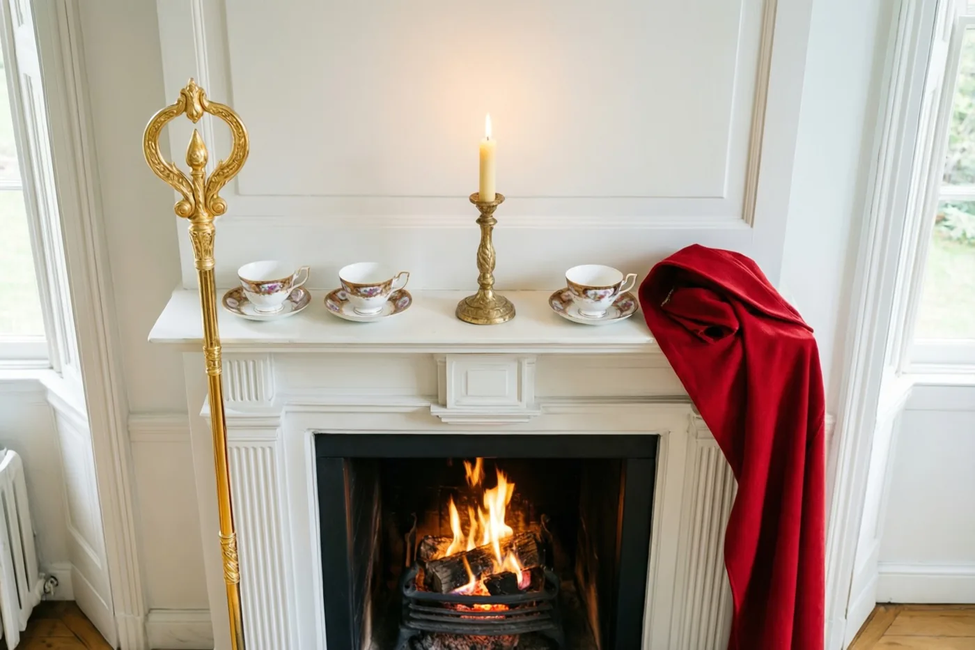 Een witte schouw met drie porseleinen kopjes, een brandende kaars in een gouden houder, een gouden staf en een rode mantel staat boven een brandend haardvuur in een lichte kamer.