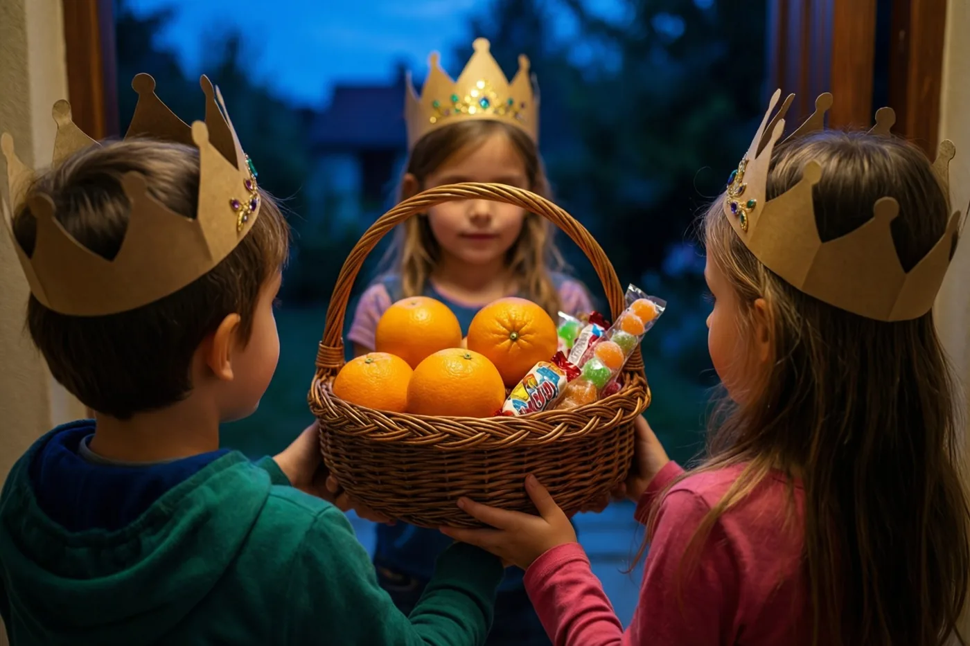 Drie kinderen met papieren kronen staan in de schemering aan een voordeur en houden een rieten mand met sinaasappels en snoep vast, met blauwe tinten op de achtergrond.