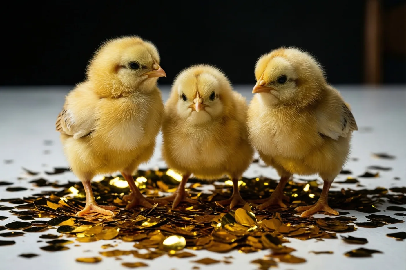 Drie donzige gele kuikens staan op een witte ondergrond met gouden confetti, helder verlicht tegen een donkere achtergrond.