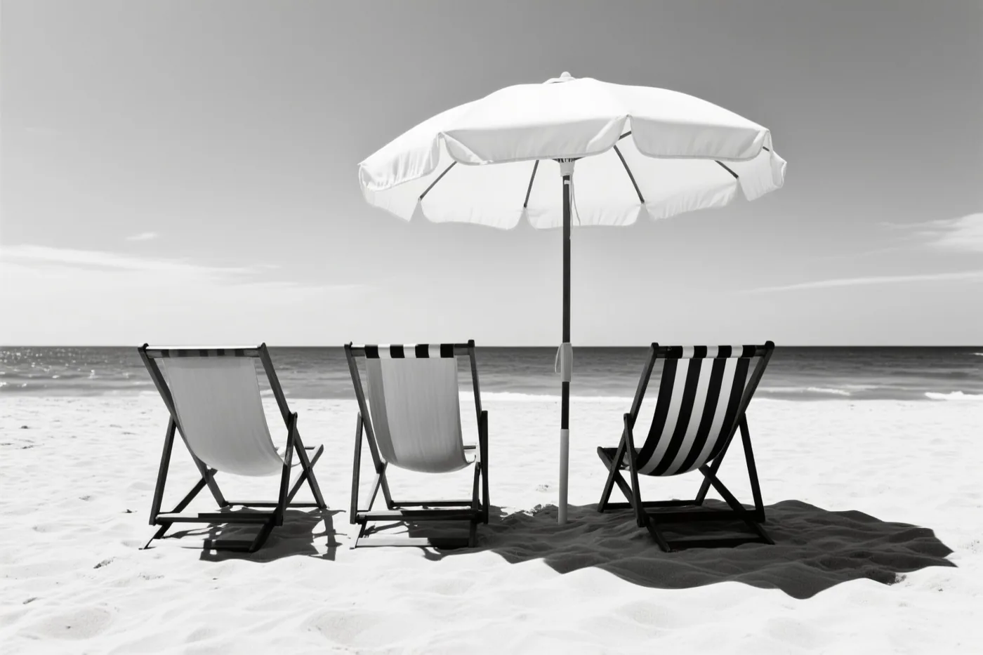 Op een zwart-witfoto staan drie ligstoelen en een parasol op een zandstrand, naar de zee gericht onder een heldere hemel.