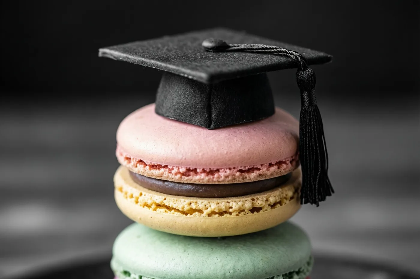 Drie pastelmacarons in roze, geel en groen vormen een torentje met een zwart afstudeerhoedje van pure chocolade, tegen een donkere wazige achtergrond.