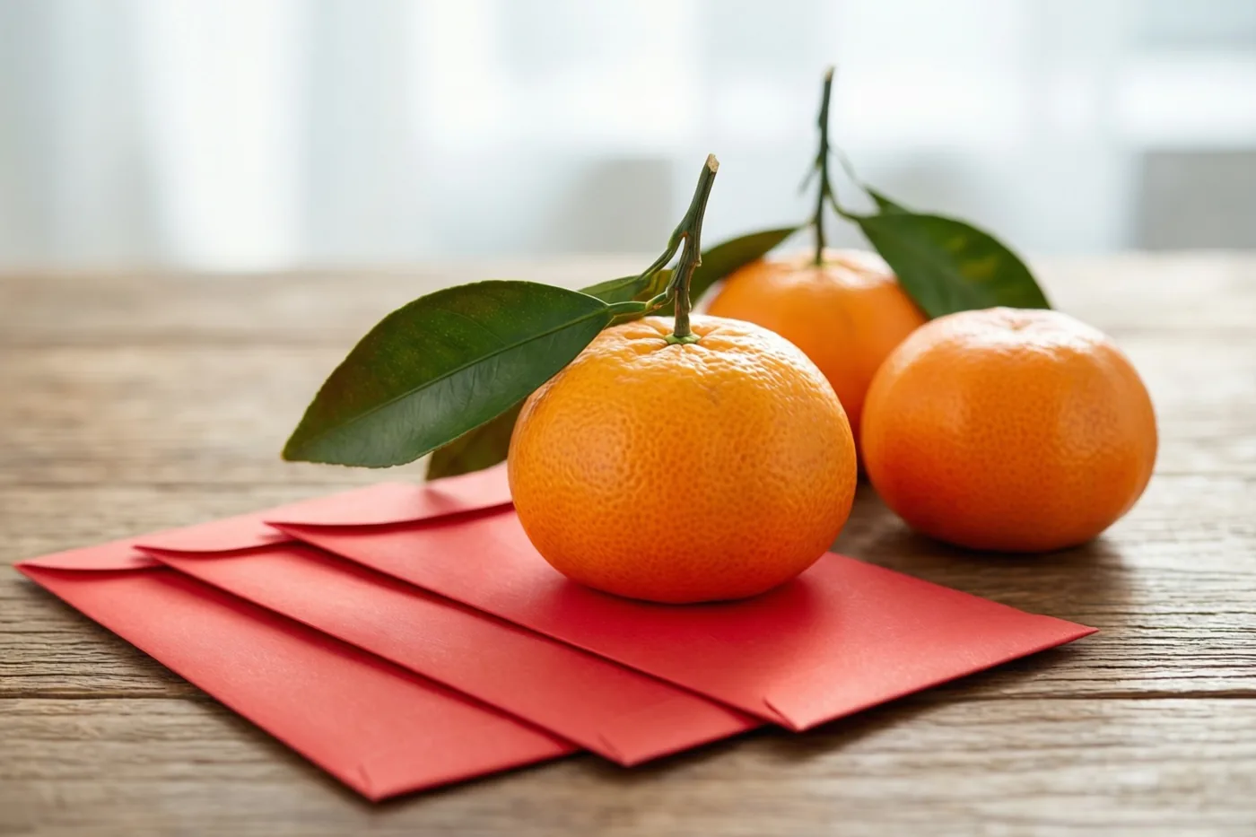 Drie mandarijnen met groene blaadjes liggen op effen rode enveloppen op een houten tafel.