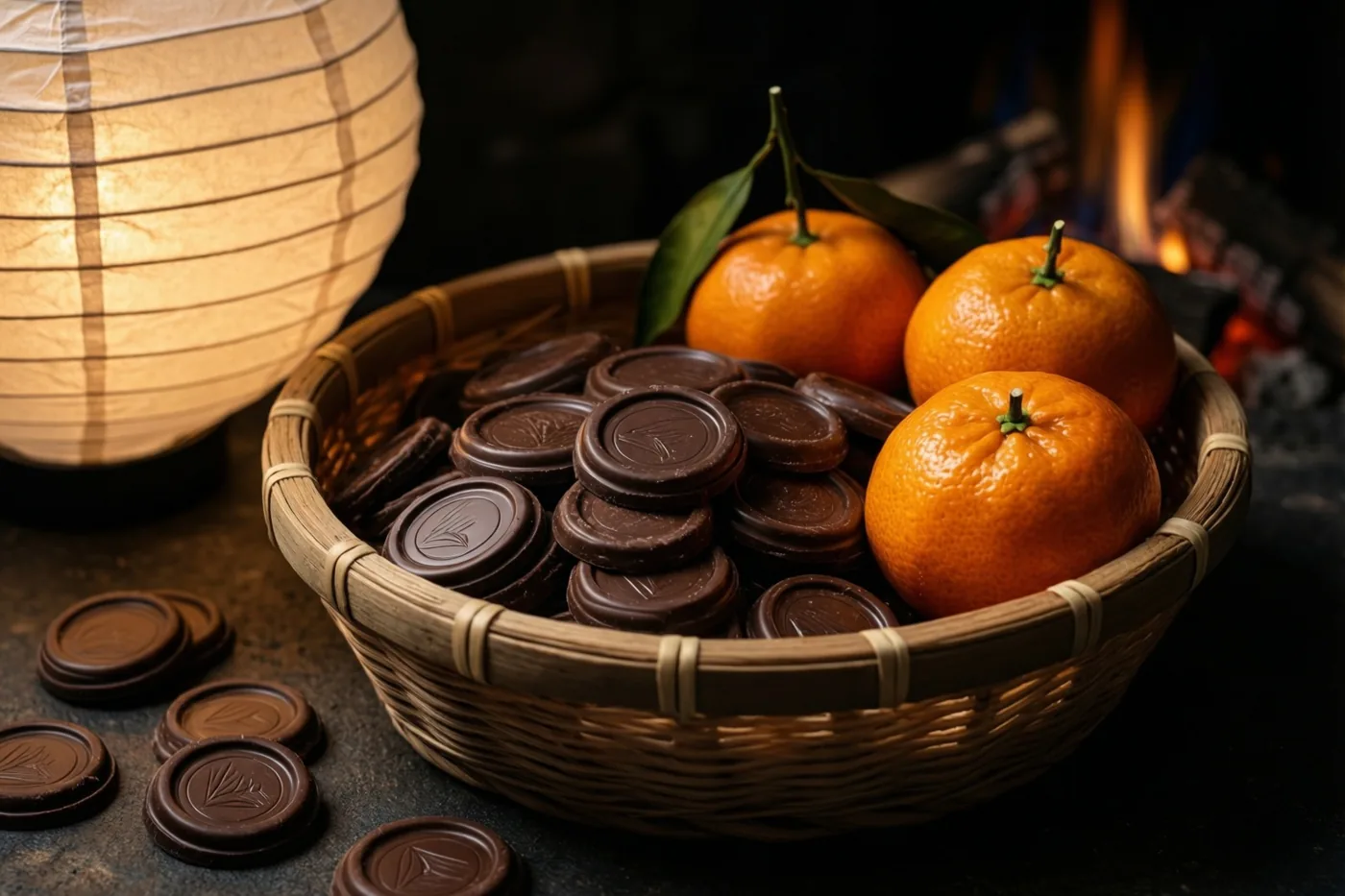 Een gevlochten mand met pure chocolademunten en drie mandarijnen staat naast een lichtgevende papieren lantaarn en een haard.