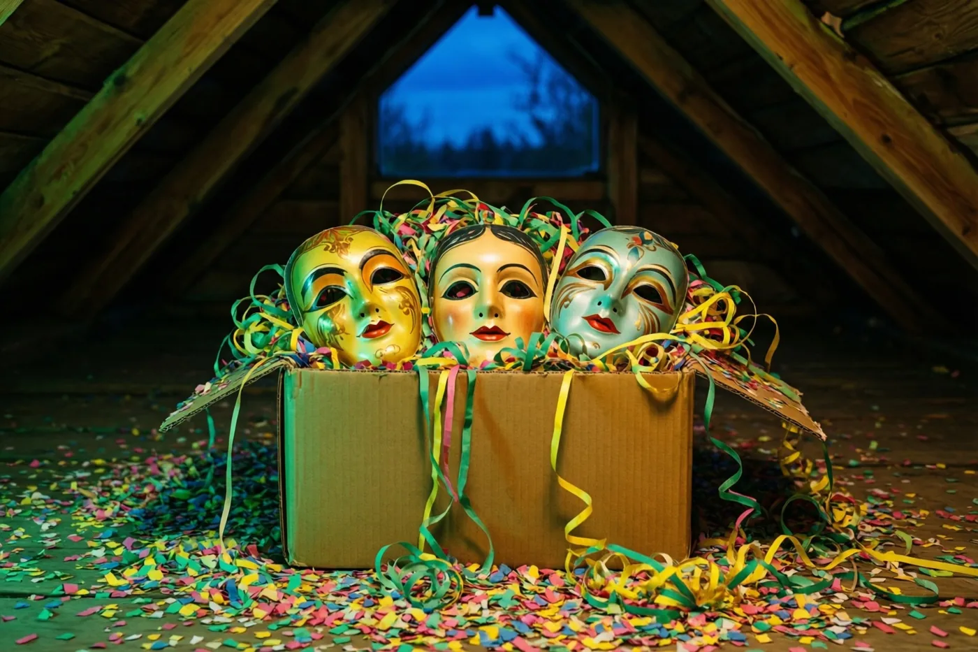 Drie sierlijke, kleurrijke maskers liggen in een kartonnen doos vol confetti en slingers op een donkere zolder met houten balken en een driehoekig raam, in warm licht tegen een blauwe achtergrond.