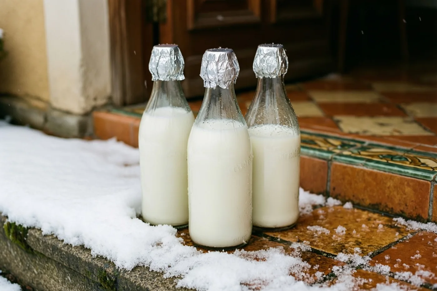 Drie ouderwetse glazen melkflessen met foliedoppen staan in verse sneeuw op een oude betegelde stoep, omringd door zachte aardetinten en wit.