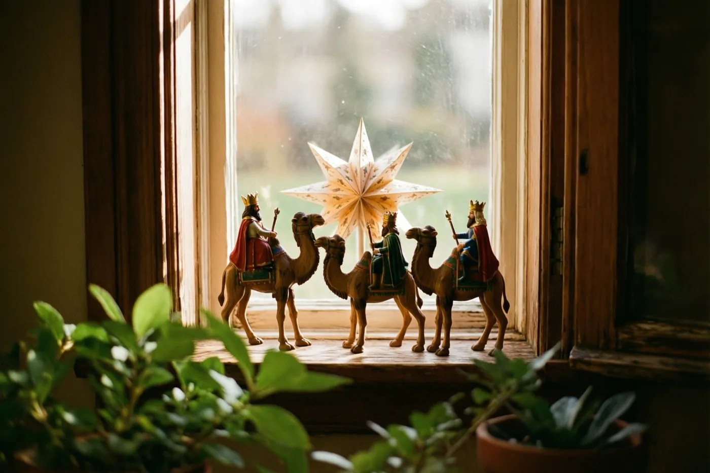 Drie miniatuurfiguurtjes van koningen op kamelen staan op een houten vensterbank naar een grote papieren ster in het raam gericht, in warm daglicht met groene potplanten op de voorgrond.