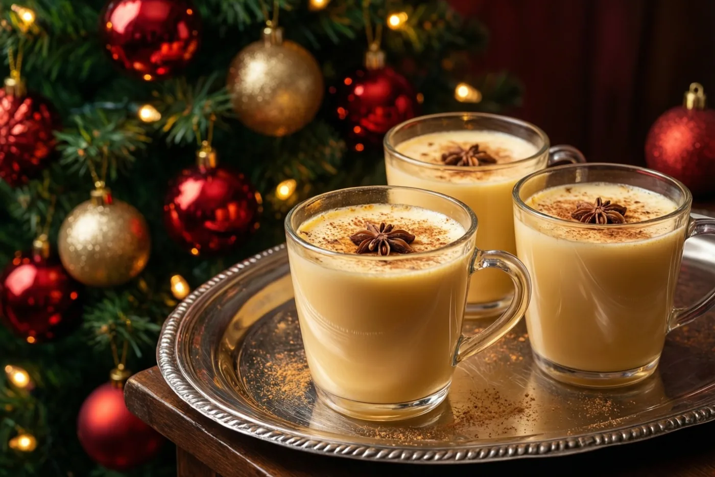 Drie glazen mokken met eggnog, steranijs en nootmuskaat staan op een zilveren dienblad naast een versierde kerstboom.