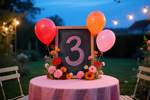 Een krijtbord met het cijfer 3 staat op een tuintafel met een roze tafelkleed, tussen bloemen en ballonnen, met lichtslingers op de achtergrond in de schemering.