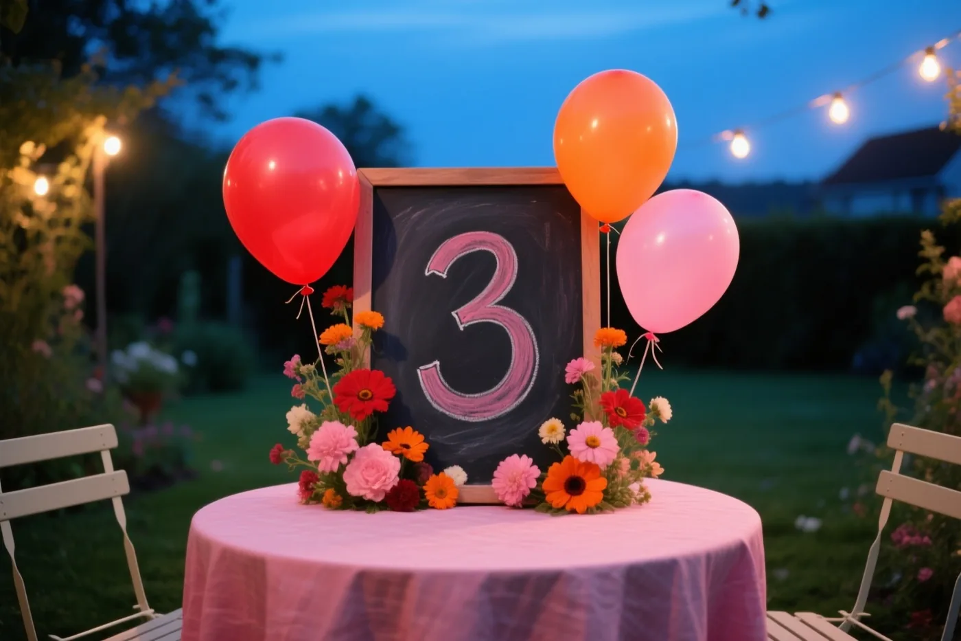 Een krijtbord met het cijfer 3 staat op een tuintafel met een roze tafelkleed, tussen bloemen en ballonnen, met lichtslingers op de achtergrond in de schemering.