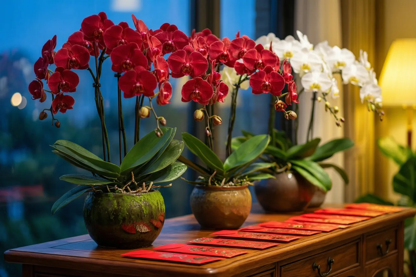 Drie orchideeën in potten, twee rode en één witte, staan met een rij rode enveloppen op een houten dressoir, voor een raam met een onscherp nachtelijk uitzicht.