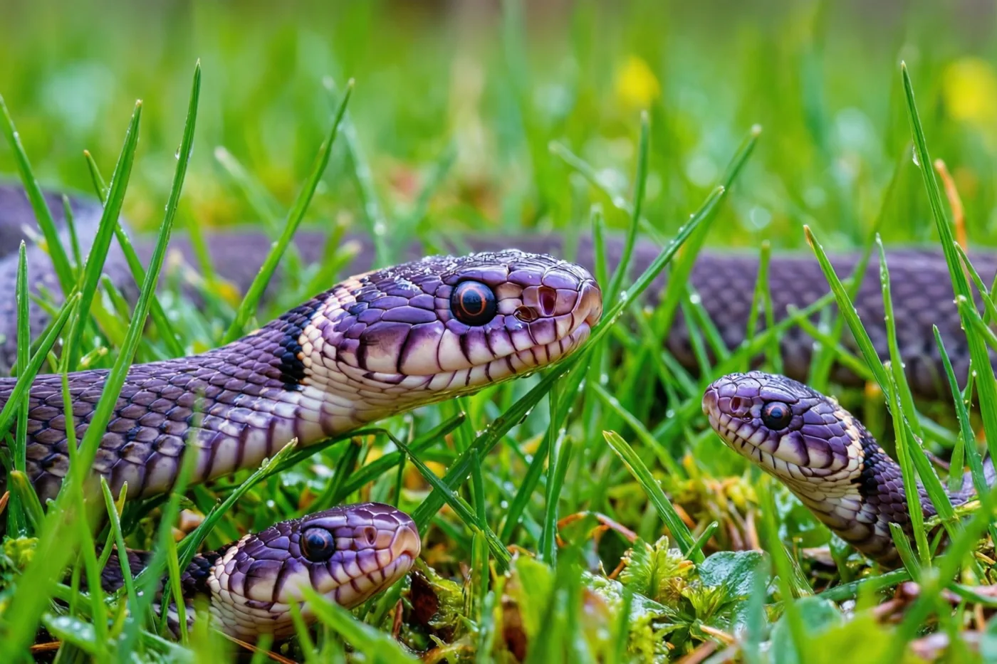 Drie slangen met paars-wit geblokte koppen liggen opgerold in het felgroene gras van een vochtige weide.