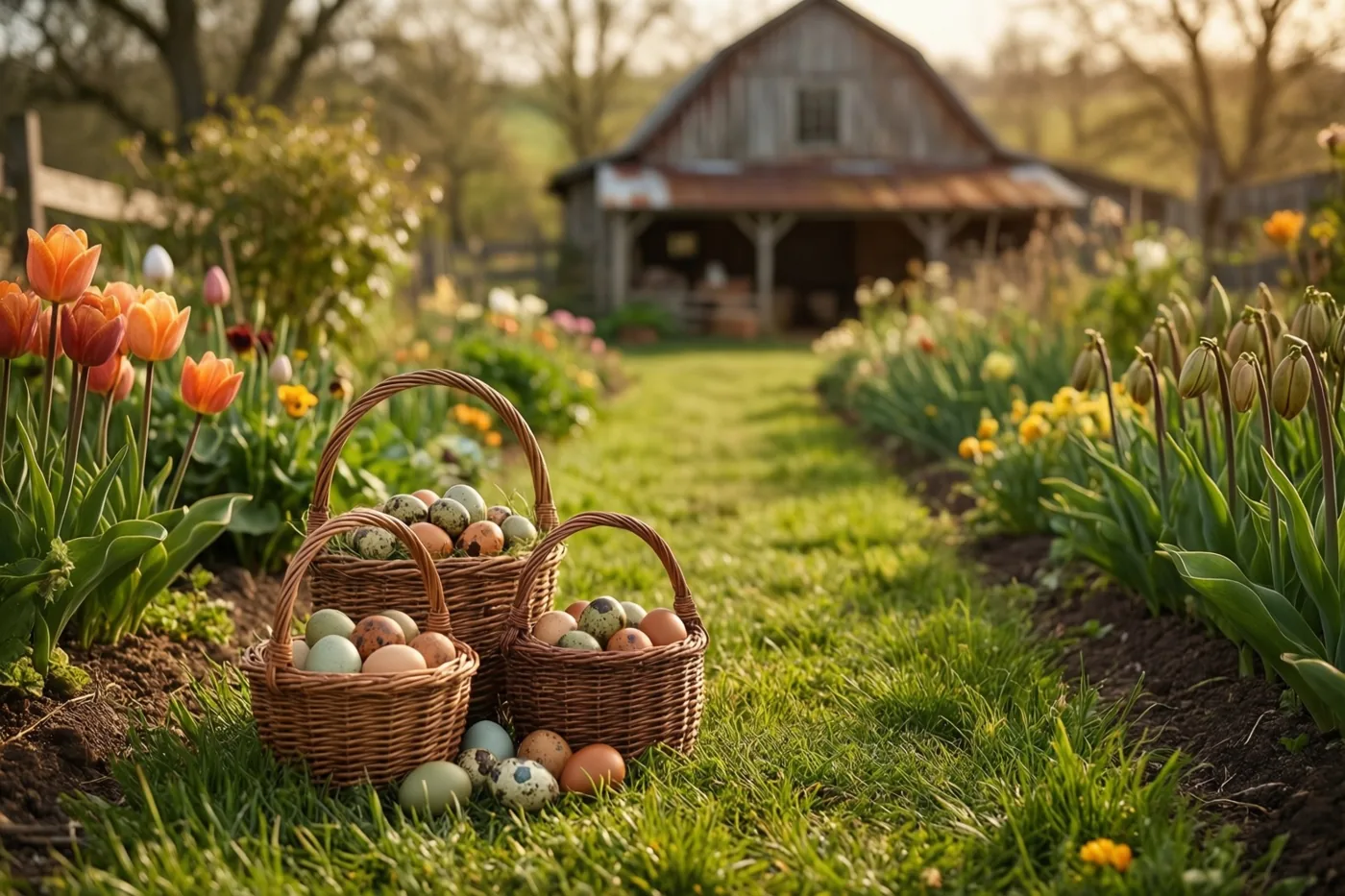 Drie rieten manden met gekleurde eieren staan in een boerderijtuin tussen tulpen en narcissen, met een schuur op de achtergrond in goudkleurig zonlicht.
