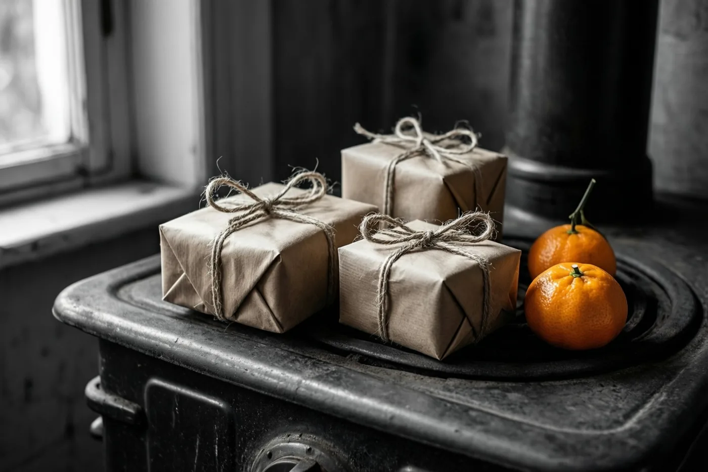 Drie kleine cadeautjes in bruin papier met touw liggen naast twee mandarijnen op een donkere ouderwetse kachel bij een raam in gedempt licht.