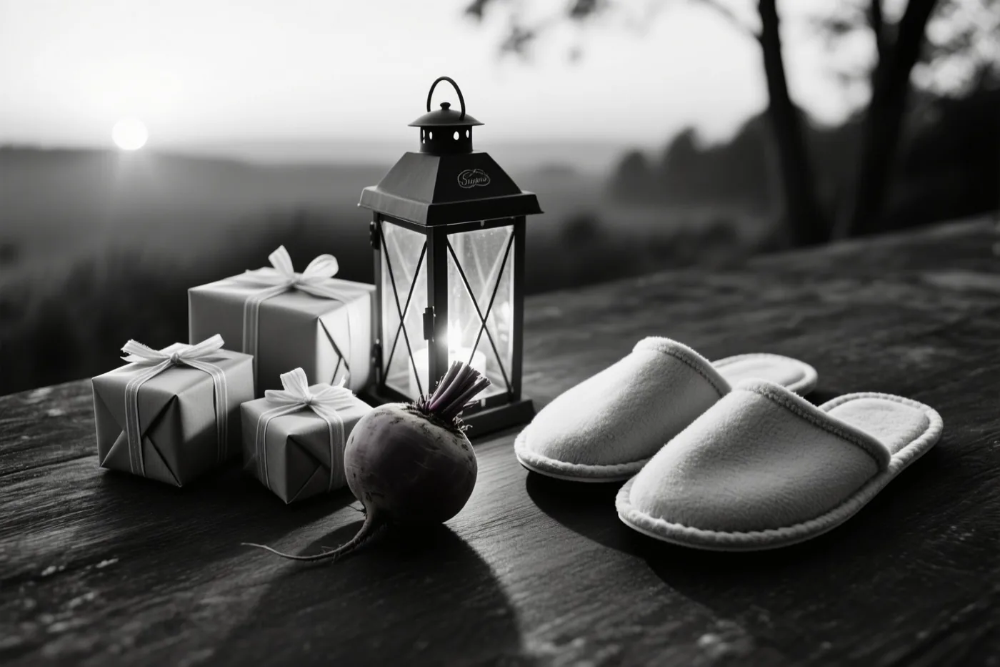 Een zwart-witstilleven toont drie ingepakte cadeaus, een suikerbiet, een brandende lantaarn en pantoffels op een houten oppervlak buiten, met een wazig landschap en de ochtendzon achteraan.