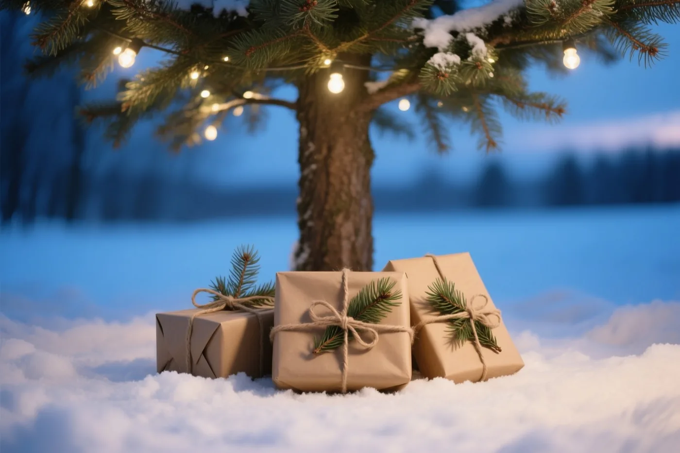 Drie cadeaus in bruin kraftpapier met touw en dennentakjes liggen in de sneeuw onder een versierde groenblijvende boom met warme lichtjes in de schemering.