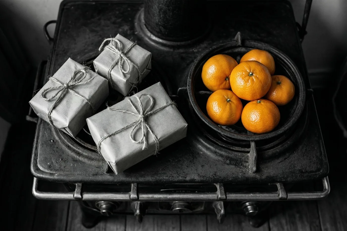 Drie kleine cadeautjes in bruin papier met touw liggen naast een schaal mandarijnen op een oude zwarte kachel, in gedempte tinten met oranje als kleuraccent.