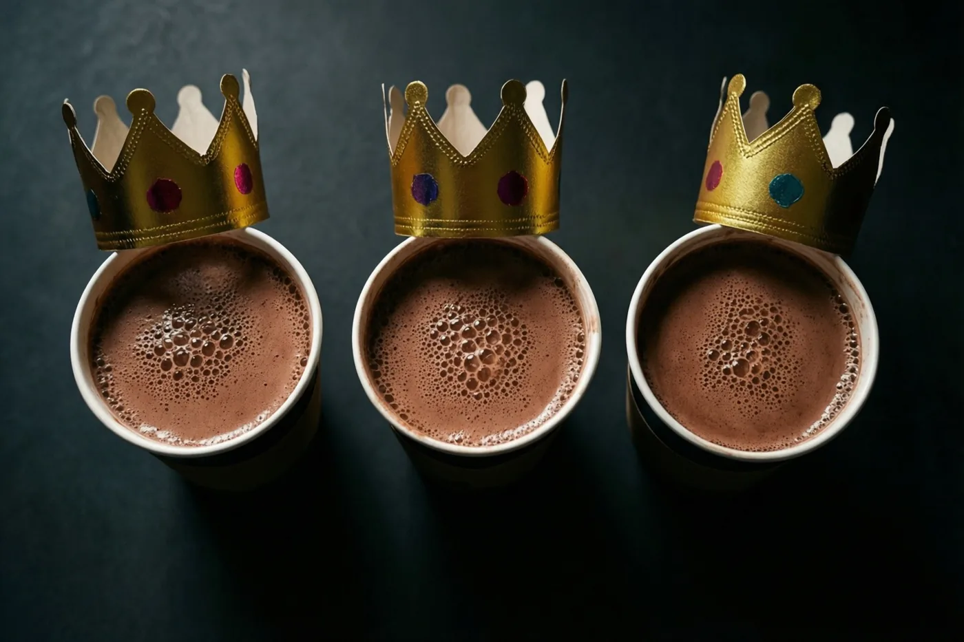 Drie papieren bekers warme chocolademelk staan op een rij op een donker oppervlak, elk met een klein goudkleurig papieren kroontje erop.