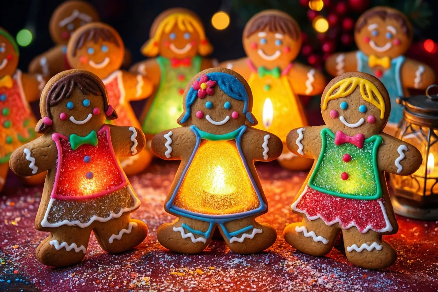 Drie peperkoekfiguurtjes in de vorm van kinderen met elk een lichtgevend gekleurd suikervenstertje staan op een feestelijke tafel met strooisels in kaarslicht.