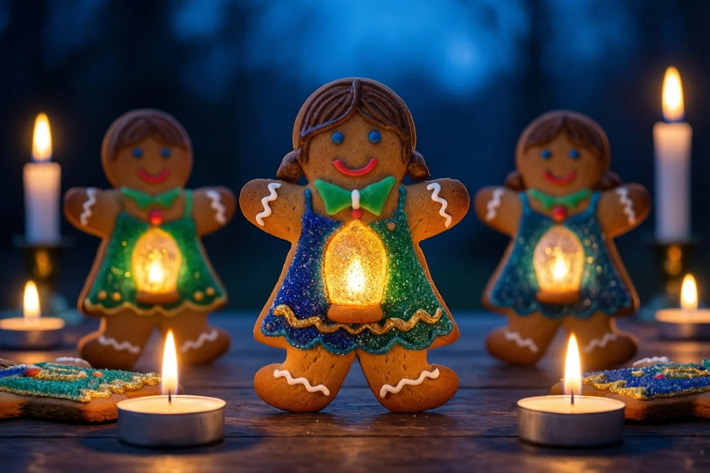 Drie peperkoekfiguurtjes in de vorm van kinderen met lichtgevende lantaarns staan op een houten tafel tussen brandende kaarsen tegen een donkerblauwe achtergrond.