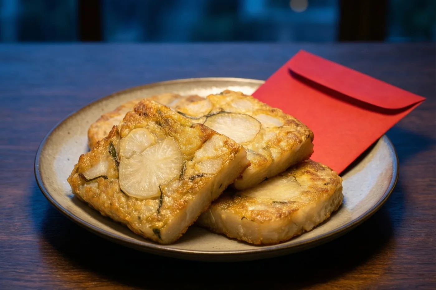 Drie gebakken plakken radijscake liggen op een keramieken bord naast een effen rode envelop, op een donkere houten tafel in warm licht.
