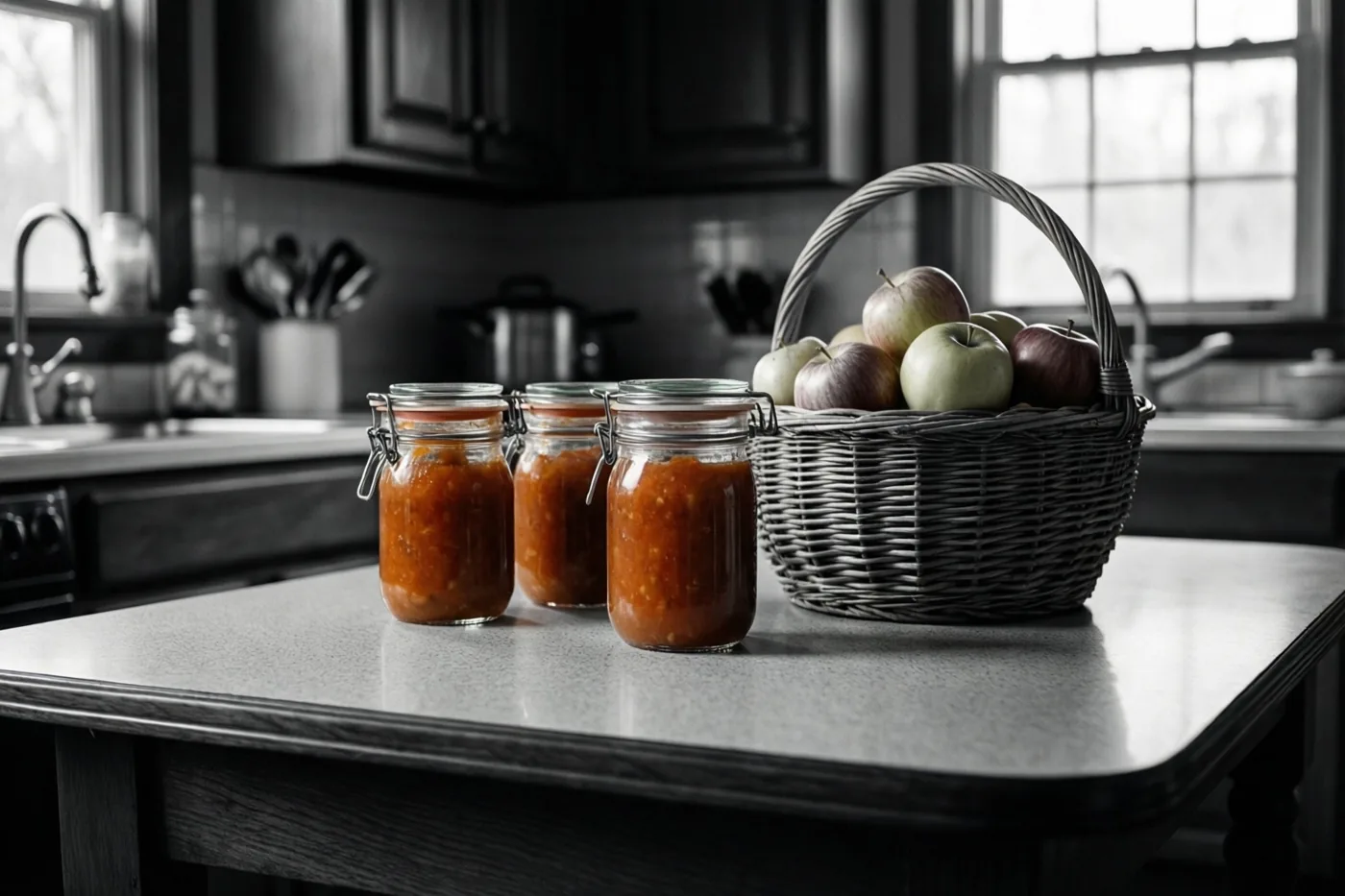 Drie glazen potten appelmoes en een rieten mand appels staan op een gespikkelde formicatafel in een retro keuken, met warmoranje appelmoes in een grotendeels monochroom beeld.