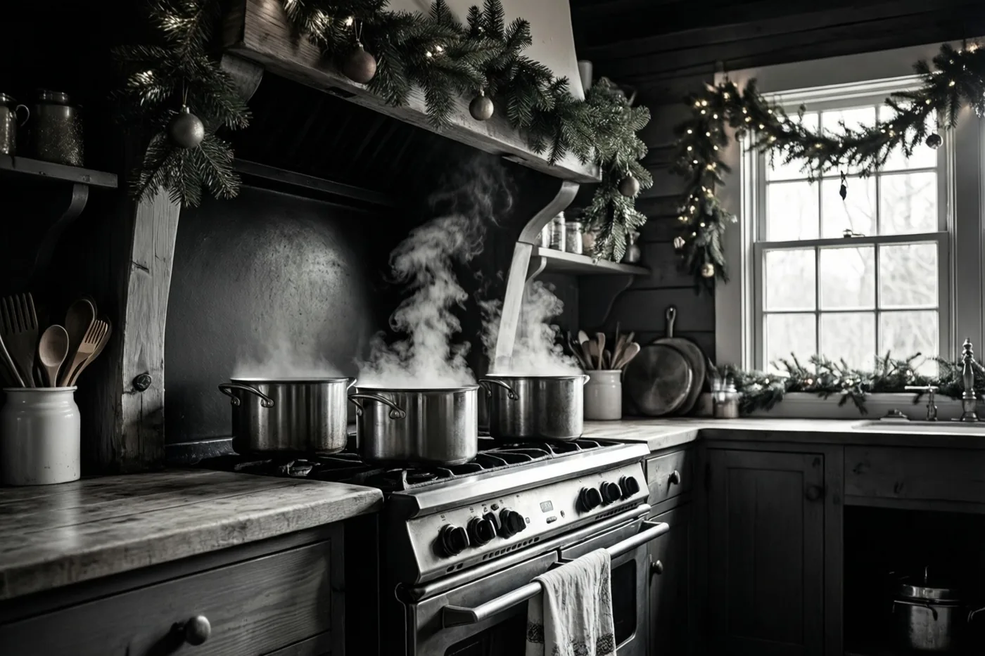 Een monochrome foto toont een landelijke keuken met drie dampende potten op het fornuis en een dennenslinger met lichtjes boven het raam.