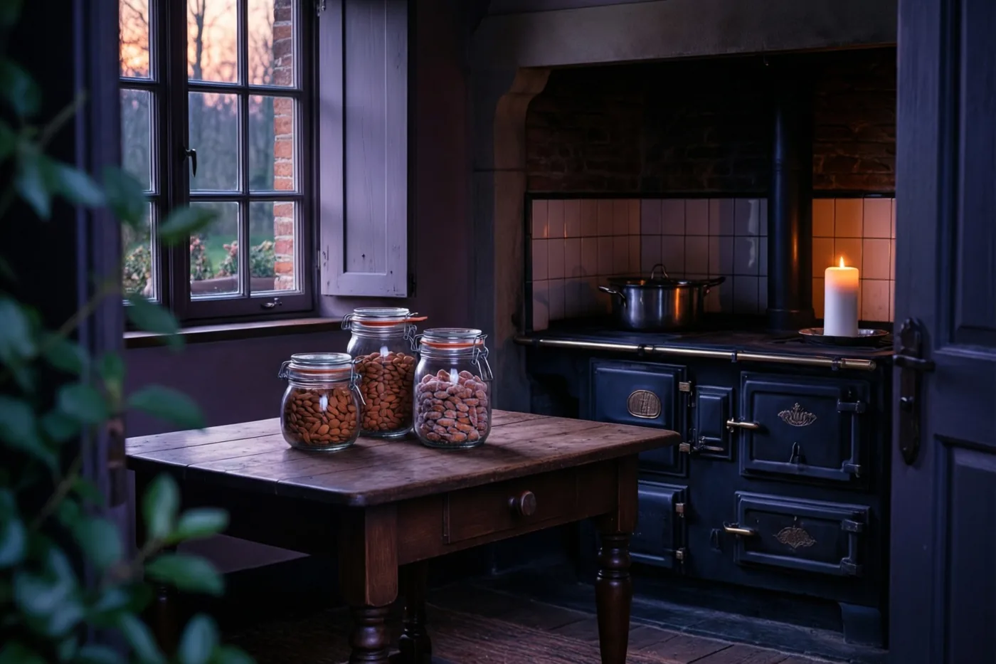 Drie glazen potten met suikeramandelen staan op een rustieke houten tafel in een schemerige Vlaamse hoevekeuken bij een zwarte betegelde kachel en een brandende witte kaars, met zacht raamlicht.