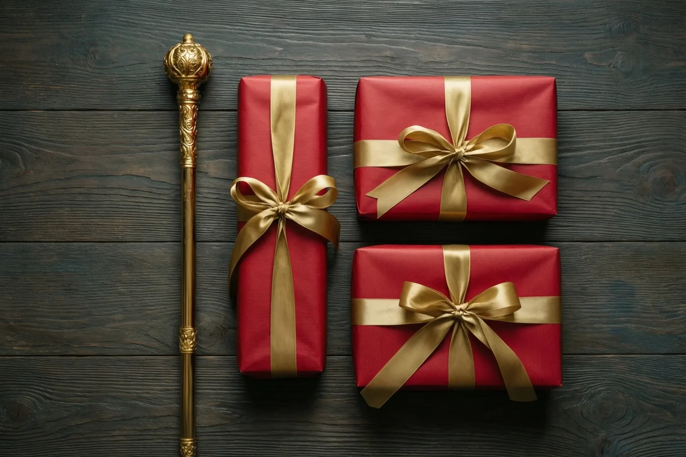 Drie rood ingepakte cadeaus met gouden linten staan naast een gouden staf op een donkere houten vloer.