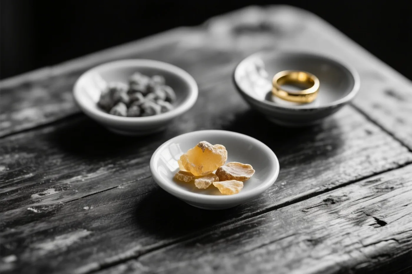 Drie kleine witte schaaltjes met wierookhars, mirre en een gouden ring staan op een verweerde houten tafel, grotendeels in zwart-wit met kleuraccenten op de hars en de ring.