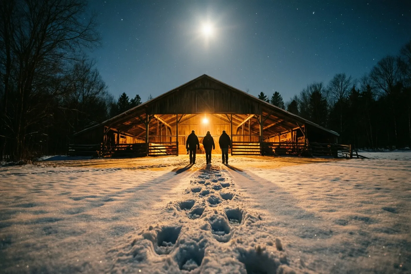 Drie silhouetten lopen achter elkaar door de sneeuw naar een warm verlichte houten stal, met voetsporen achter hen en een heldere ster erboven.