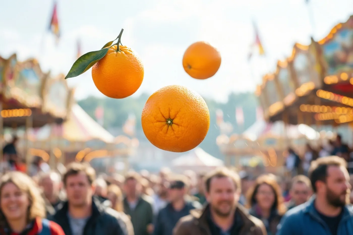Drie sinaasappels hangen in de lucht boven een onscherpe carnavalsmenigte in helder, warm licht.