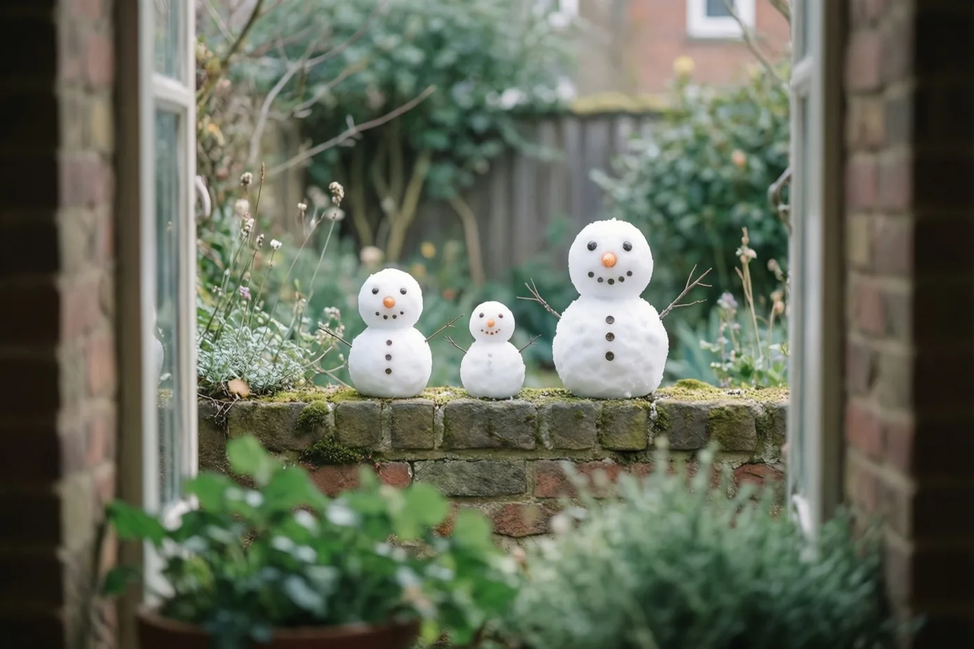 Door een raam zijn drie miniatuursneeuwmannen op een bemost bakstenen tuinmuurtje te zien, met groen en een houten omheining op de achtergrond.