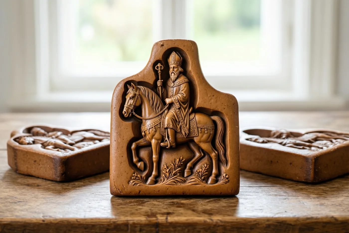 Drie antieke gesneden speculaasvormen met een bisschop te paard staan op een rustiek houten werkblad in zacht daglicht van een raam.