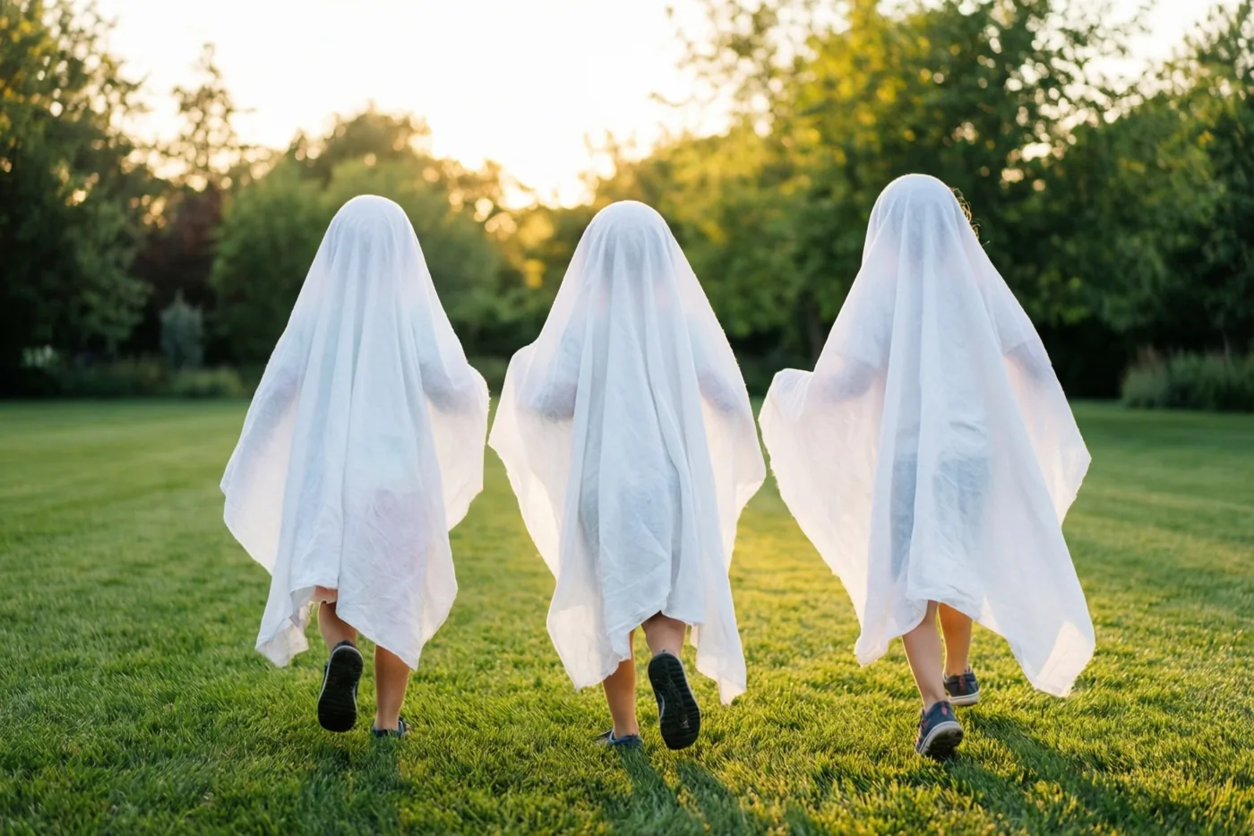 Drie kinderen in witte spooklakens rennen van de kijker weg over een groen gazon in goudkleurig avondlicht, met bomen op de achtergrond.