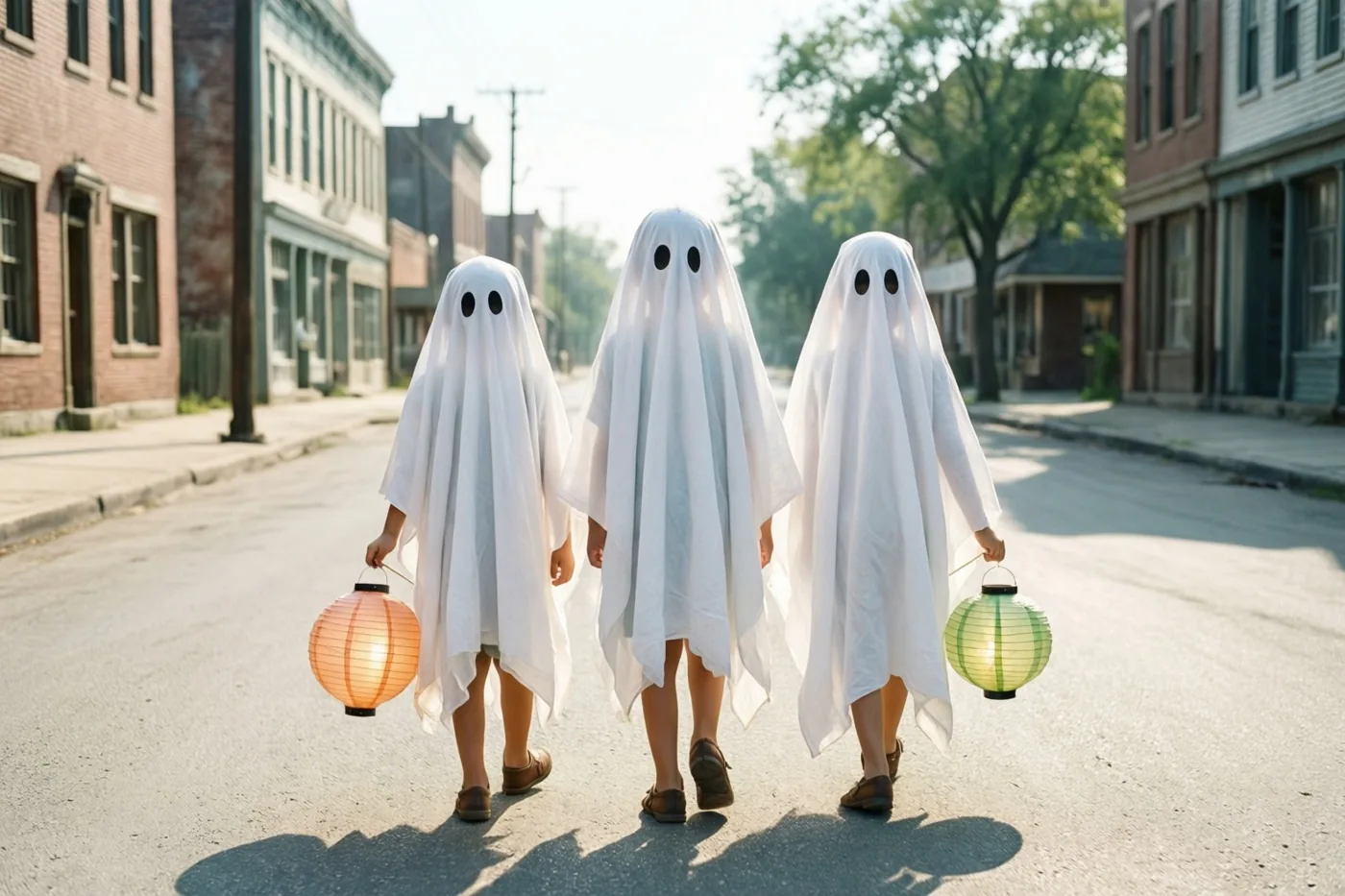Drie kinderen in witte spookkostuums met zwarte ooggaten lopen met papieren lantaarns door een rustige, zonnige straat met bakstenen en houten gebouwen in retrostijl.