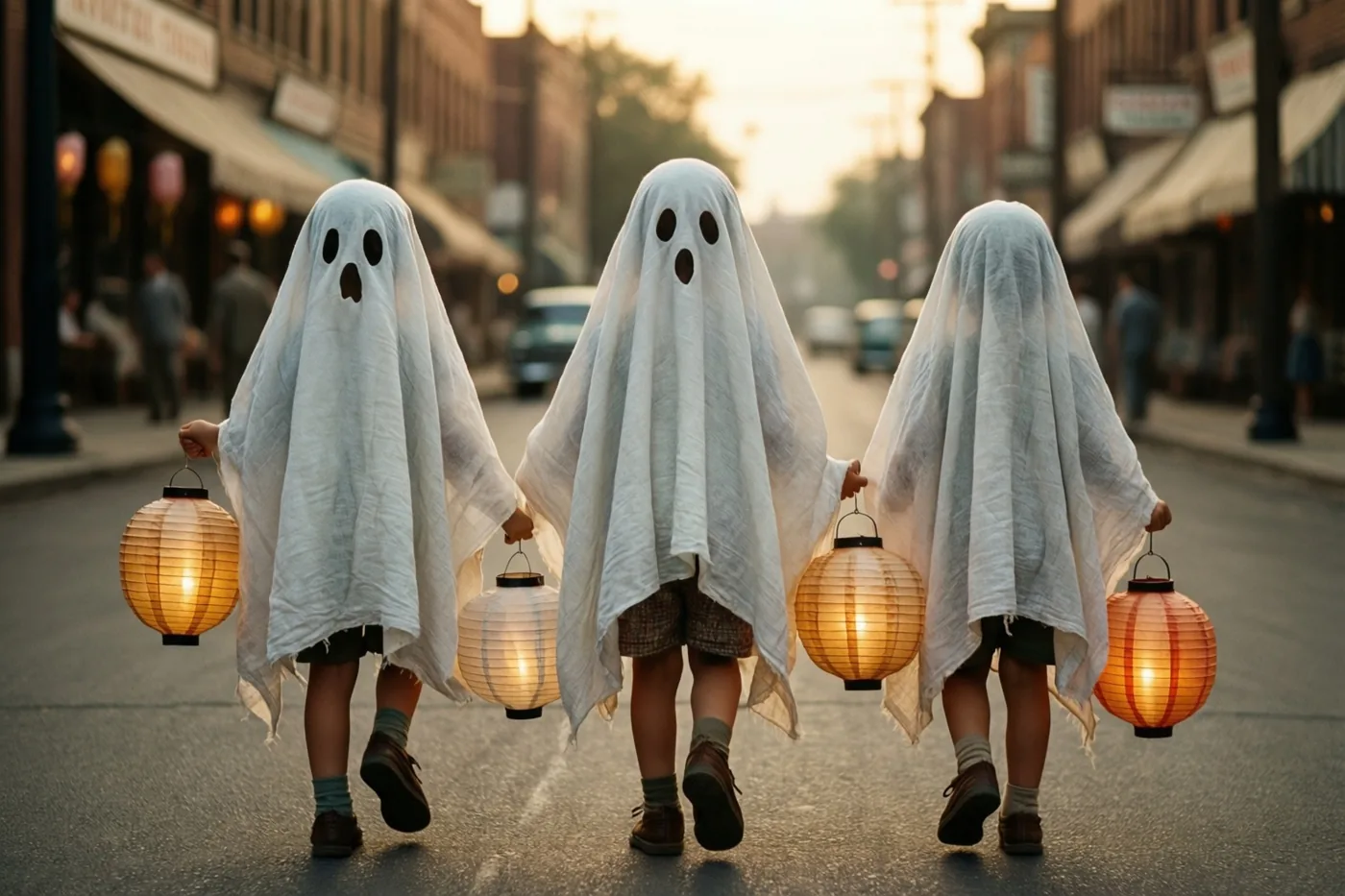 Drie kinderen in spookkostuums lopen met elk een brandende papieren lantaarn door een warm verlicht stadje in jarenvijftigstijl.
