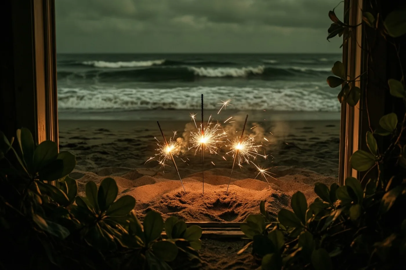 Door een raam met groen aan weerszijden zijn drie brandende sterretjes in het donkere strandzand te zien, met golven onder een bewolkte lucht op de achtergrond.