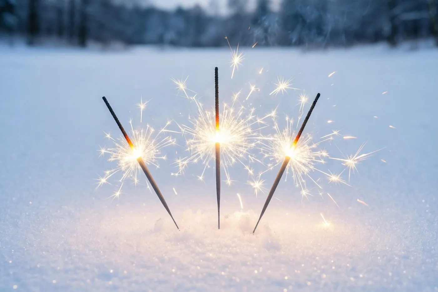 Drie brandende sterretjes staan rechtop in verse sneeuw op een uitgestrekt winterveld bij nacht, tegen een blauwe en witte achtergrond.
