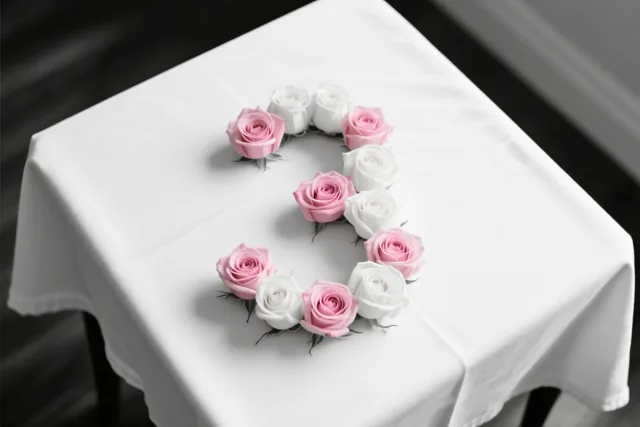 Van bovenaf is het cijfer 3 te zien, gevormd door afwisselend roze en witte rozen op een wit tafelkleed in zacht licht.