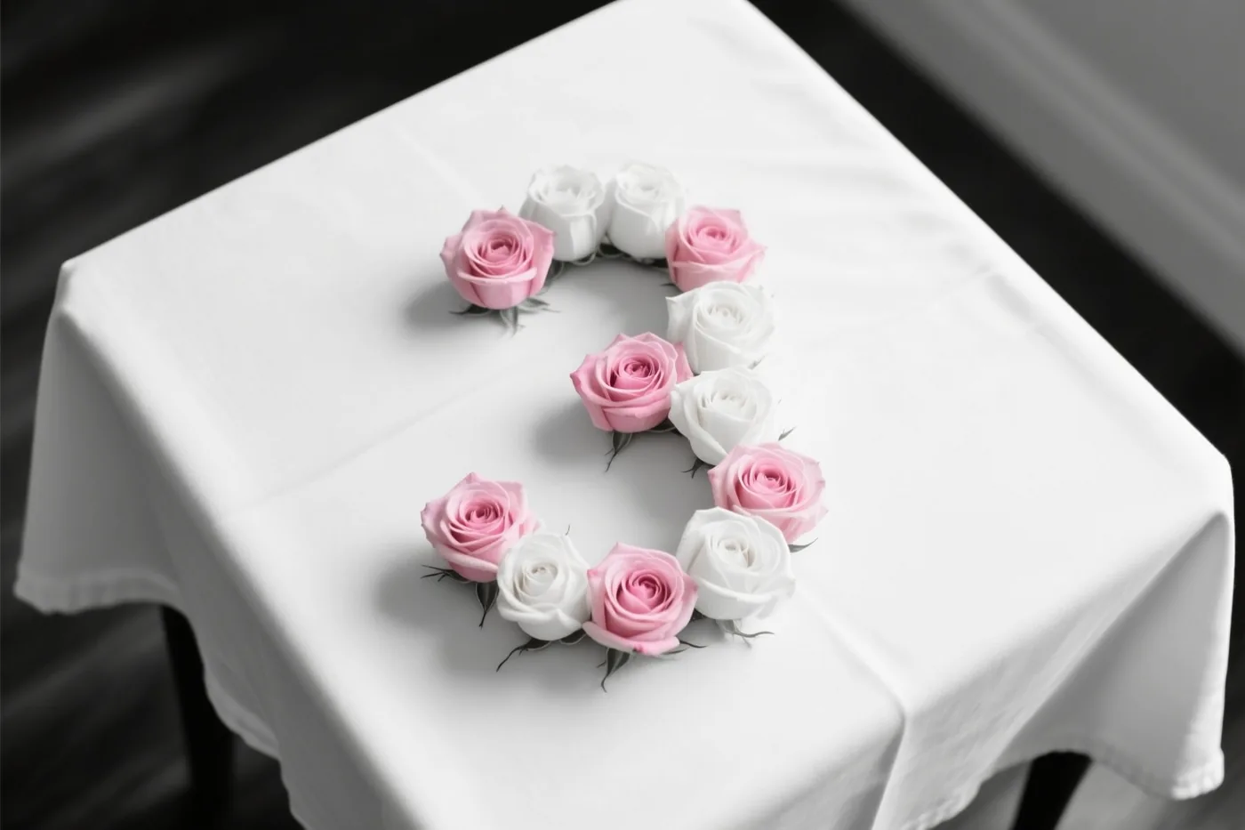 Van bovenaf is het cijfer 3 te zien, gevormd door afwisselend roze en witte rozen op een wit tafelkleed in zacht licht.