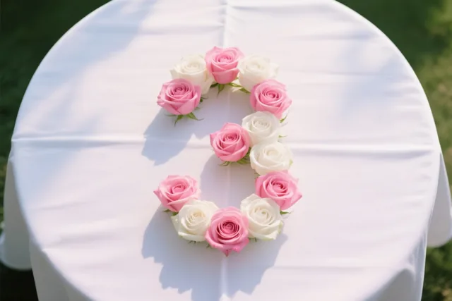 Roze en witte rozen vormen van bovenaf gezien het cijfer 3 op een wit tafelkleed buiten in de zon.