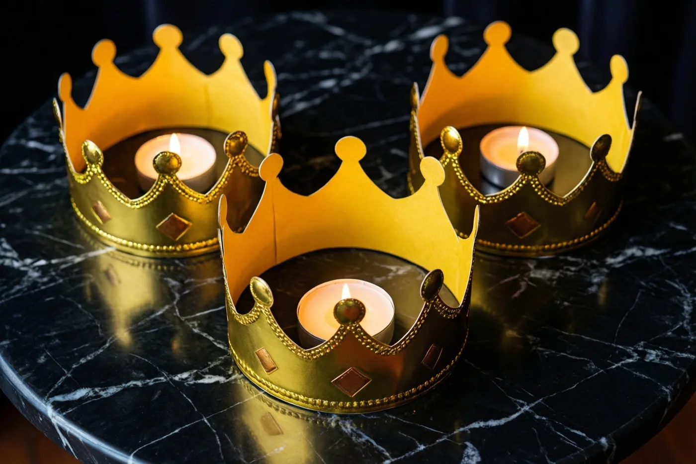Drie gouden papieren kronen met elk een brandende kaars staan in een warme gloed op een zwartmarmeren tafel.