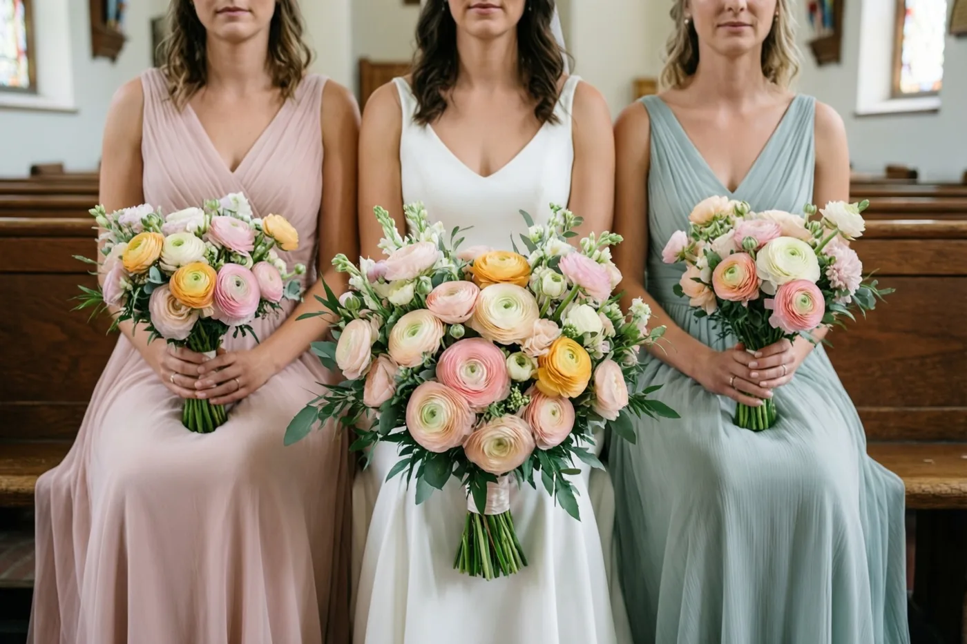 Drie vrouwen in pastelkleurige jurken zitten met boeketten ranonkels op een houten kerkbank, met glasramen op de achtergrond.