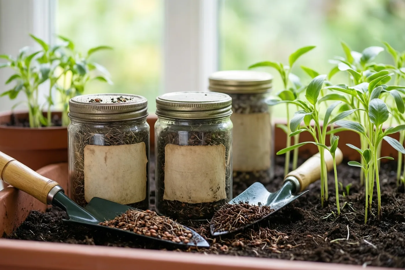 Drie glazen potten met zaden staan op een terracotta oppottafel naast twee kleine tuinschepjes en jonge groene zaailingen bij een helder verlicht raam.